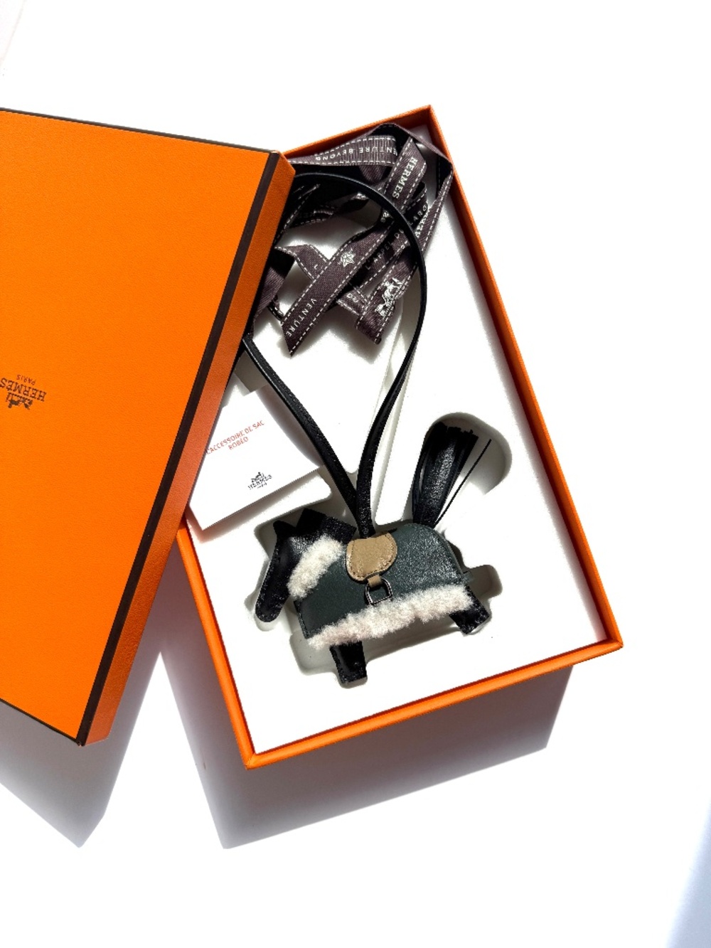 HERMES Rodeo Robeo Plush Charm PM Black Beige Marfa Mangrove Wool